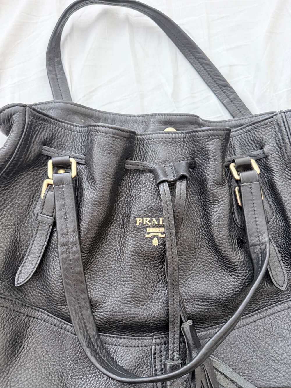 Prada Black Pebbled Leather Drawstring Tote with Gold Hardware
